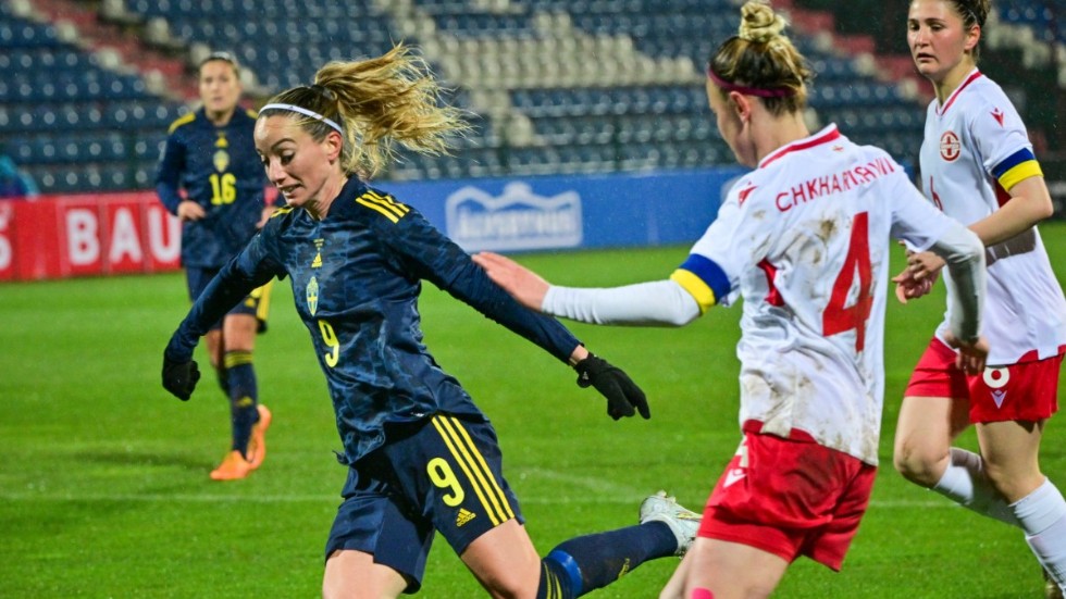 Sveriges Kosovare Asllani under torsdagens VM-kvalmatch (15–0) borta mot Georgien.