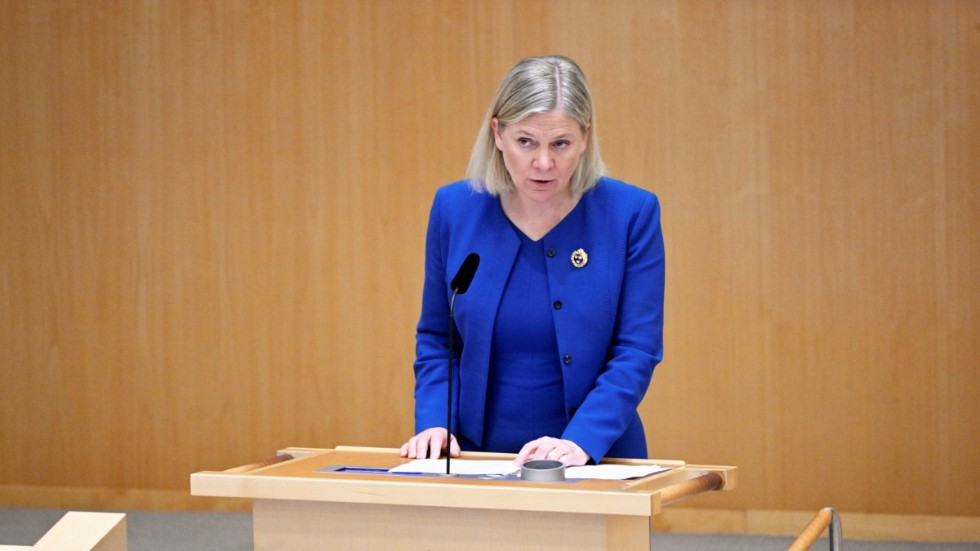 Statsminister Magdalena Andersson (S) under riksdagsdebatten om ett svenskt Natomedlemskap.