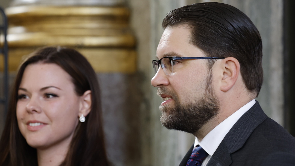 Sverigedemokraternas partiledare Jimmie Åkesson med sin flickvän Matilda Kärnerup. Arkivbild,