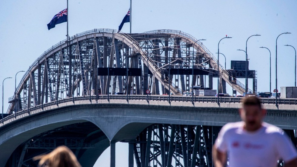 Joggare framför Harbour Bridge i Auckland. Bild från i förra veckan, med flaggor på halv stång efter den brittiska drottningens död.