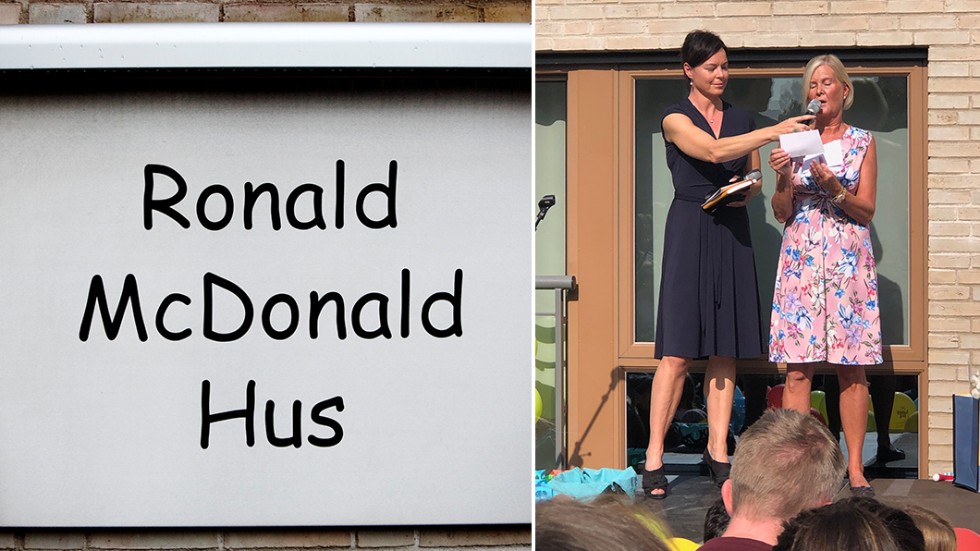 Ronald McDonald Hus öppnade i Uppsala 2013. Lotta Sterning (i rosa klänning) är verksamhetsansvarig och talade under invigningen av de åtta nya rummen.