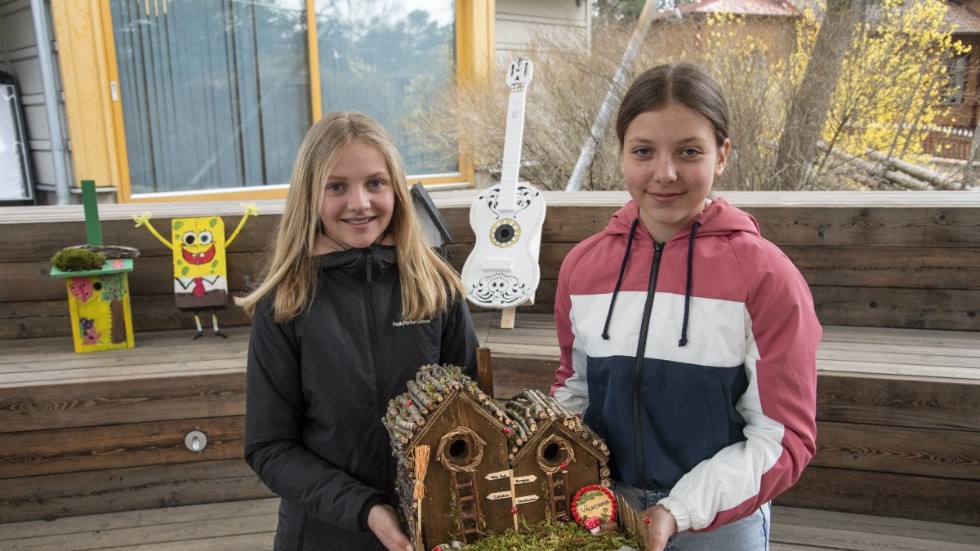 Ebba och Mathilda från Västerhaninge Montessoriskola klass 6 visar upp klassens holk "Timmerholken", som vann ett av gulden i årets fågelholk-SM. Arkivbild.