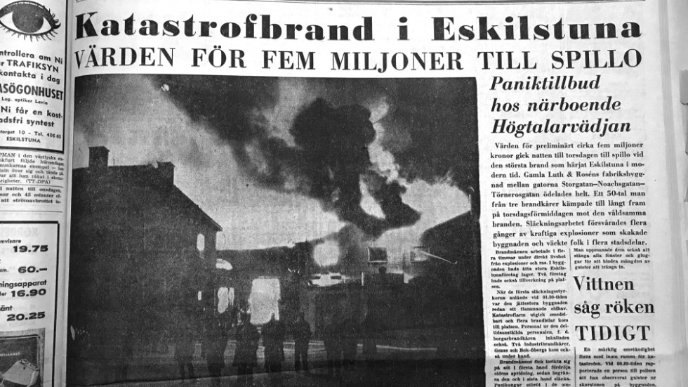 Den 11 september 1965 fanns bild och text om den stora branden med i tidningen samma dag som det fortfarande brann. På den tiden var Eskilstuna-Kuriren en eftermiddagstidning.