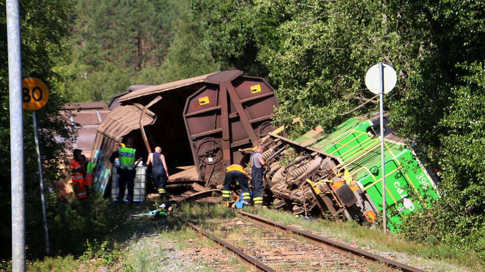 Godståget som spårade ur utanför Mariannelund sommaren 2018.