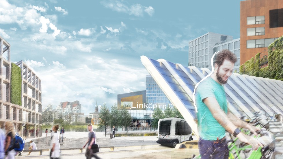 Det här är en visionsbild som Linköpings kommun tagit fram. Kommunen vill ha stationen på Stångebro, som ett nav kring vilket en ny stadsdel ska byggas. På så vis ska innerstaden växa över Stångån. 