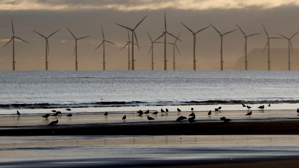 Vindkraftverk till havs. Arkivbild tagen från stranden i Hartlepool, England.