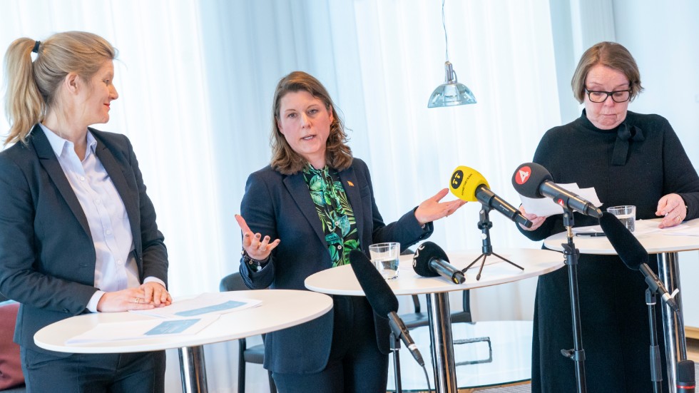 "Det skånska näringslivet blöder på många håll", säger Anna Jähnke (M), ordförande i Region Skånes utvecklingsnämnd. Till vänster: Louise Eklund (L), förste vice ordförande. Till höger: Yvonne Augustin (S), andre vice ordförande.