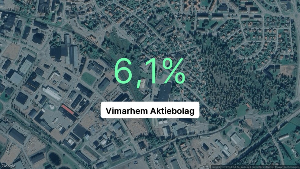 Illustrationen visar rörelsemarginalen för Vimarhem för det senaste året. Bakgrunden är en satellitbild över företagets adress.