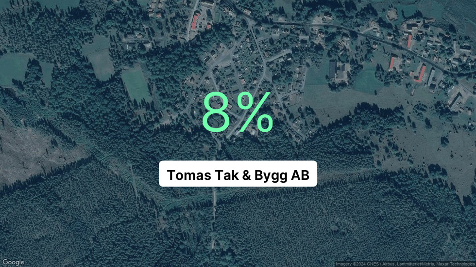 Illustrationen visar rörelsemarginalen för Tomas Tak & Bygg för det senaste året. Bakgrunden är en satellitbild över företagets adress.