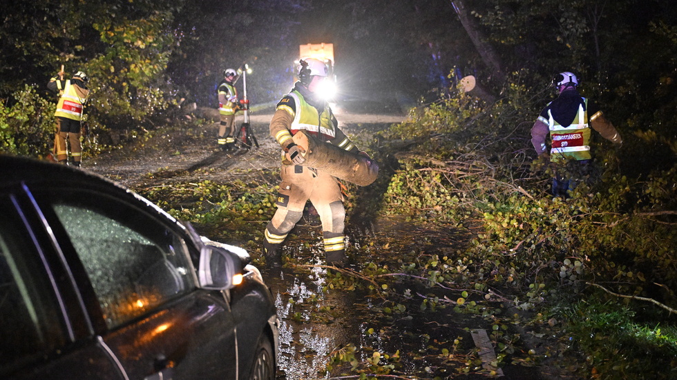 Räddningstjänsten röjer undan ett flertal nerfallna träd som träffade en bil utanför Lund och blockerade vägen på fredagskvällen.