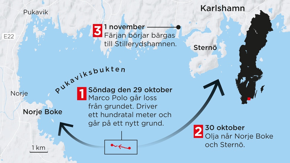 Fartyget, som ska föras till Stillerydshamnen i Karlshamn, har orsakat omfattande oljeutsläpp utanför Blekinge.