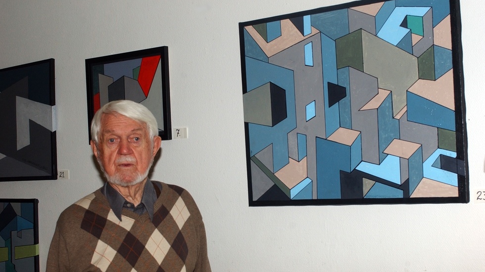 91årige Olle ställde ut nyproducerad konst