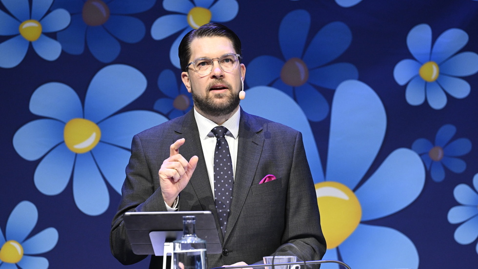 Partiledare Jimmie Åkesson (SD) talar under Sverigedemokraternas landsdagar i Västerås.