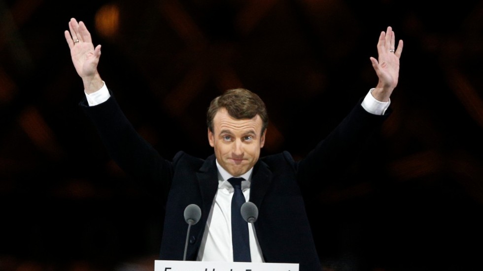 Emmanuel Macron jublar efter segern i presidentvalet 2017. I vår är det val igen – med Macron som favorit till ännu en mandatperiod. Arkivfoto.