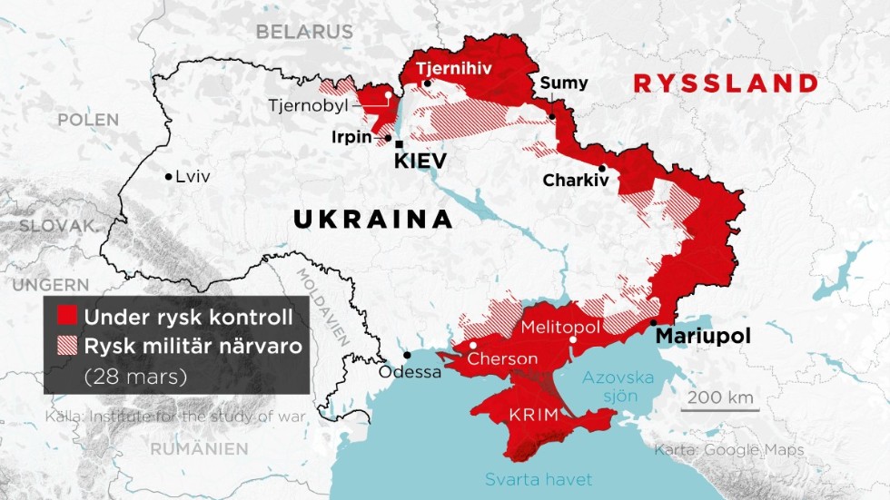 Områden under rysk kontroll samt områden med rysk militär närvaro, 24 februari–28 mars.