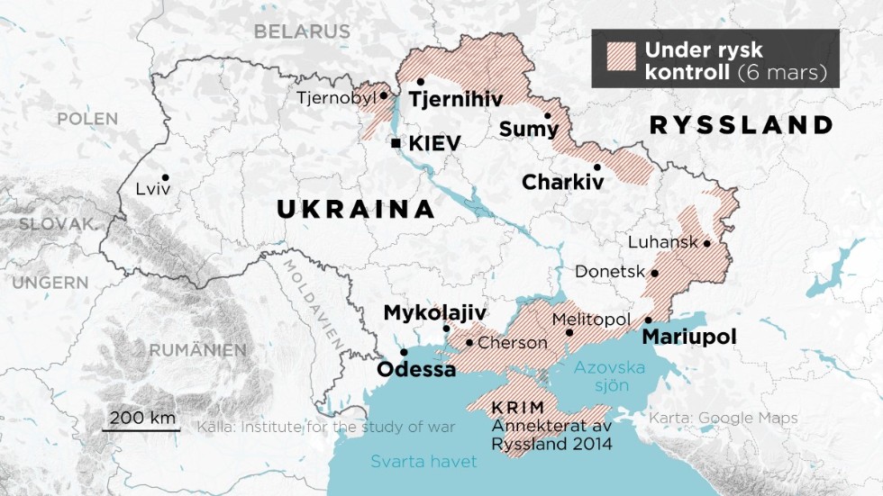 Områden under rysk kontroll söndagen den 6 mars.