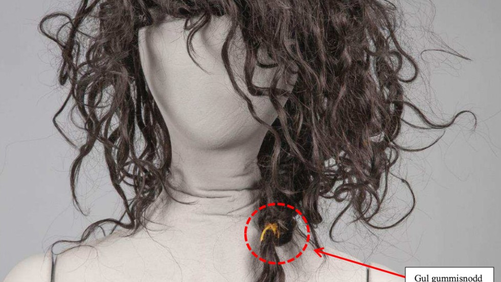 Bilder ur fupen på offrets peruk som hittades i den misstänktes pojkrum. Foto: Polisens förundersökning/TT