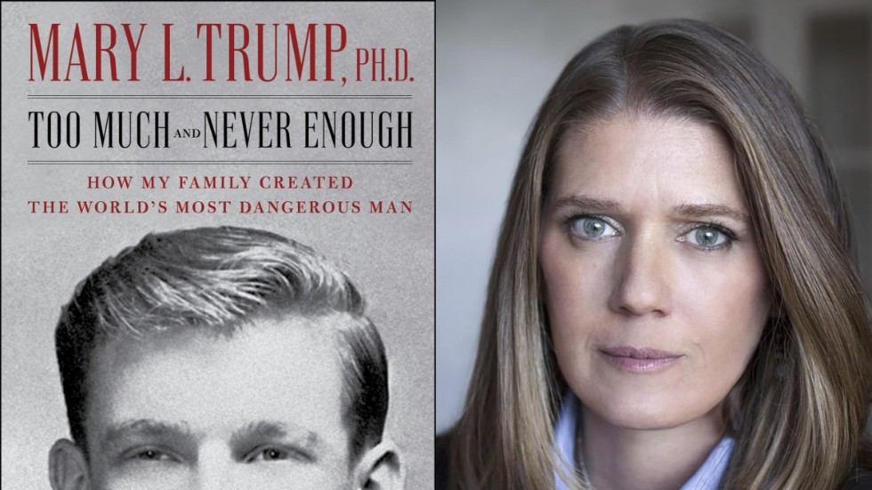 USA:s president Donald Trumps systerdotter Mary Trump på ett bildmontage invid hennes bok "För mycket och aldrig tillräckligt: Hur min familj skapade världens farligaste man" som gavs ut i sommar.
