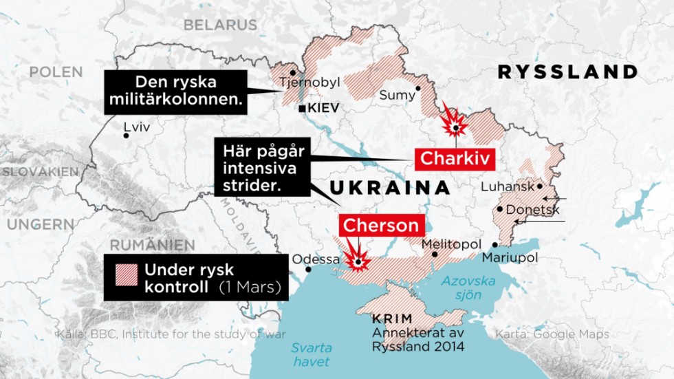 Karta över striderna i Ukraina.