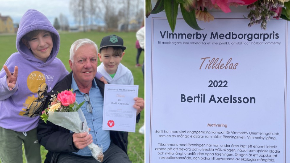 "Ett kvitto på att man har jobbat och gjort en insats, så det känns väldigt bra" säger Bertil Axelsson om att Vänsterpartiet gav honom utmärkelsen "Årets medborgarpris" i Vimmerby. På bilden ses han tillsammans med barnbarnen Julian och Arthur.