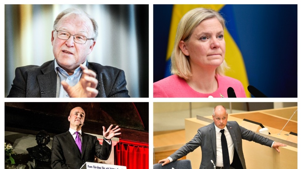 Göran Persson, Fredrik Reinfeldt och Morgan Johansson förekommer i texten. Magdalena Andersson ingår mer indirekt i Widars ledare. 