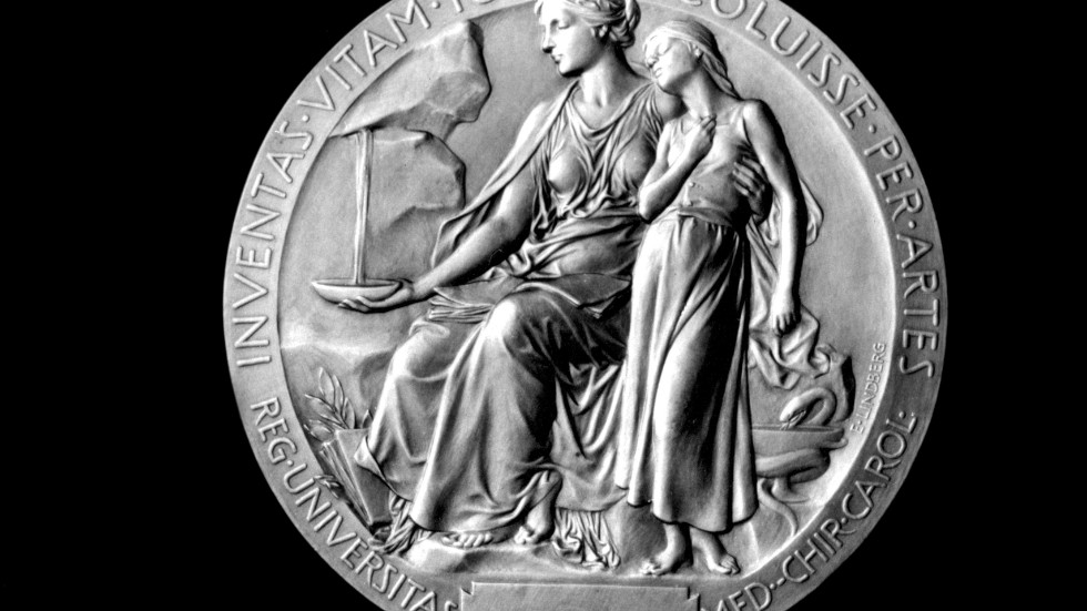 Nobelprismedaljen har skiftat utseende under årens lopp. På bilden syns medaljen i medicin/fysiologi 1991, en silverplakett med romerska figurer.
