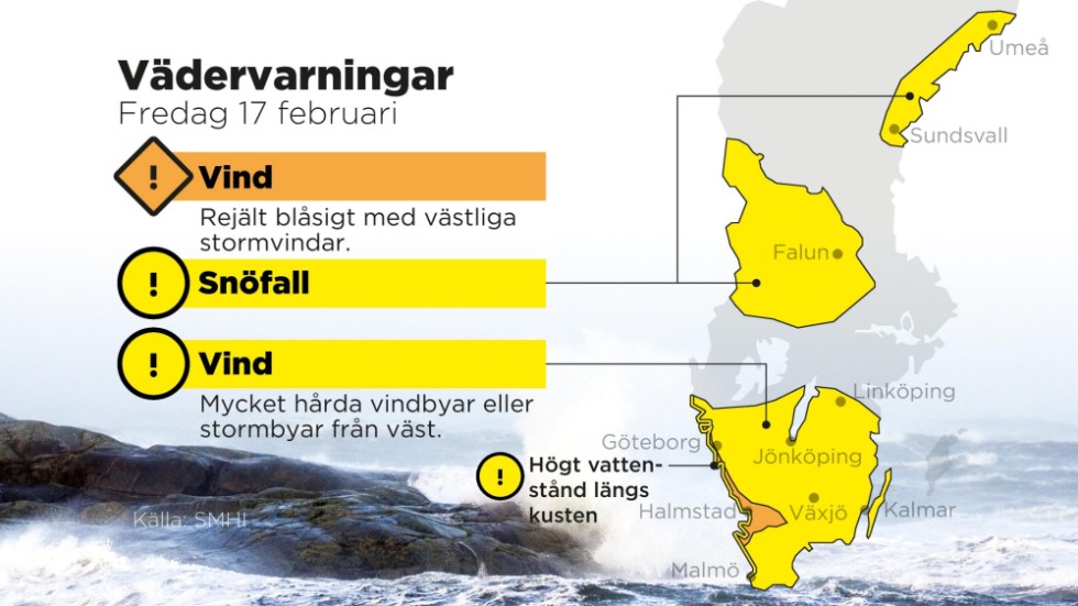 SMHI har utfärdat varningar för vind, höga vattenstånd och snöfall under fredagen.