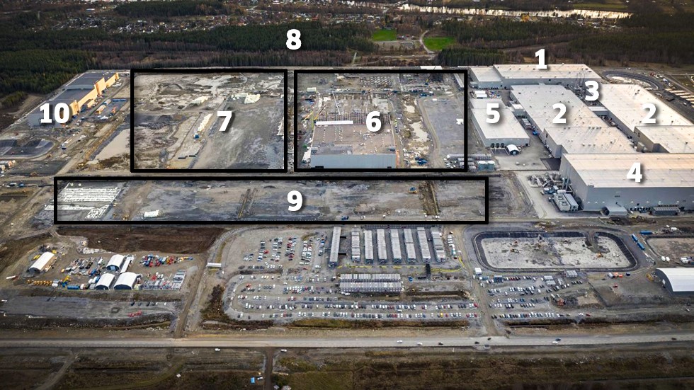 This image of Northvolt One is from the autumn of 2022. The erected buildings where small-scale production is taking place are 1. Formation and maturation, 2. Downstream, 3. Staff restaurant, 4. Upstream, 5. Warehouse. The numbers 6 and 7 indicate areas where new buildings are being erected and are to be erected, 8 is the area where parking is to be constructed, 9 is the area for the giant Upstream 2 building and 10 is Revolt One, where the recycling of batteries takes place.