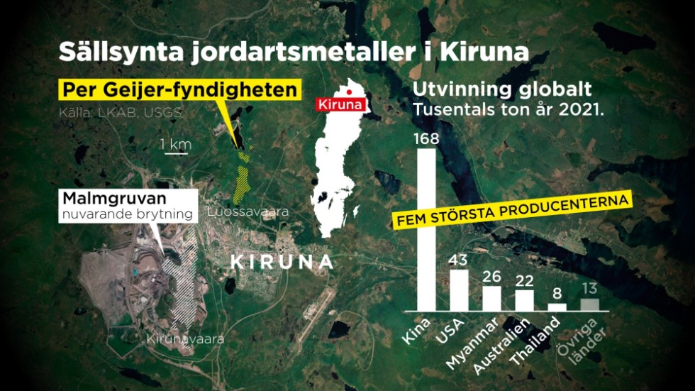 Järnmalmen vid Per Geijer-området i Kiruna innehåller ovanligt rikliga mängder av de sällsynta jordartsmetallerna.