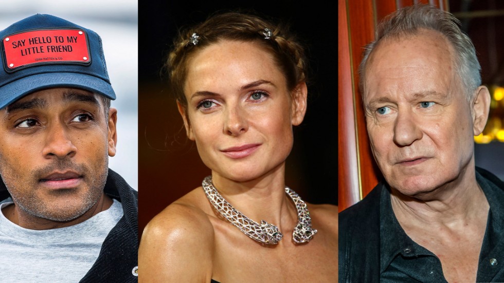 TT har pratat med tre av de svenska stjärnor som kommer att påverkas av strejken. Från vänster: Alexander Karim, Rebecca Ferguson, Stellan Skarsgård. Arkivbild.