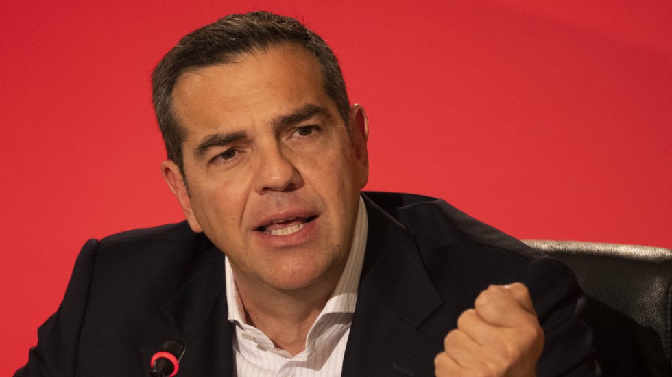 Alexis Tsipras, ledare för den största oppositionspartiet Syriza, under en presskonferens i maj.