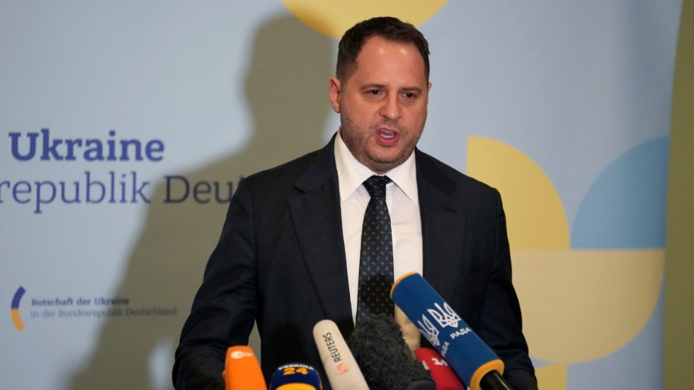 Zelenskyjs stabschef Andrij Jermak vid en pressträff på Ukrainas ambassad i Berlin i början av februari.