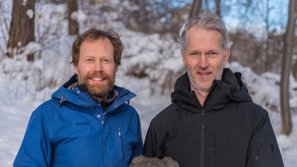 Huvudstycket från det observerade meteoritfallet 7 november 2020 hittades av Anders Zetterqvist och Andreas Forsberg. Handout.