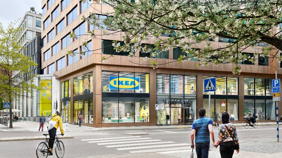 Arkitektritad bild på hur entrén till Ikeas cityvaruhus i Gallerian kommer se ut.