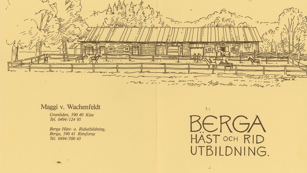 Programmet som konstnären och teckningsläraren Jarl Helander ritade cirka 1985. Berga Häst- och Ridutbildning bytte namn till Kinda Häst 1988.