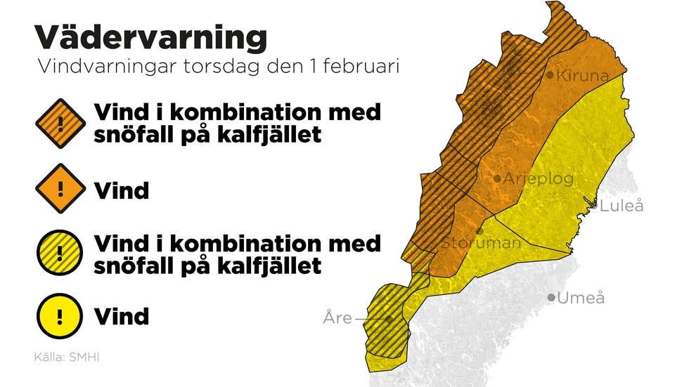 SMHI har utfärdat vindvarningar för stora delar av norra Sverige. På kalfjället varnas för vind i kombination med snöfall.
