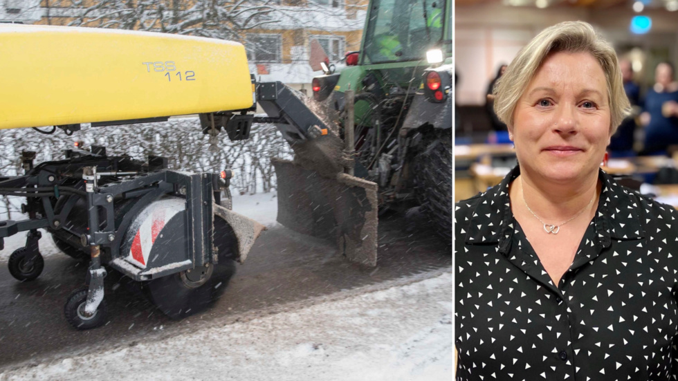 Sopsaltningsmaskinen borde rulla på Katrineholms vägar. Inte stå still i förvaltningens garage. På bild ses även Anneli Hedberg (S). 