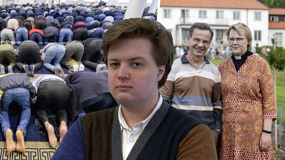 Jonathan Törnstrand, gästkrönikör. I bakgrunden en fredagsbön i en moské och statsministerhustrun och prästen Birgitta Ed.