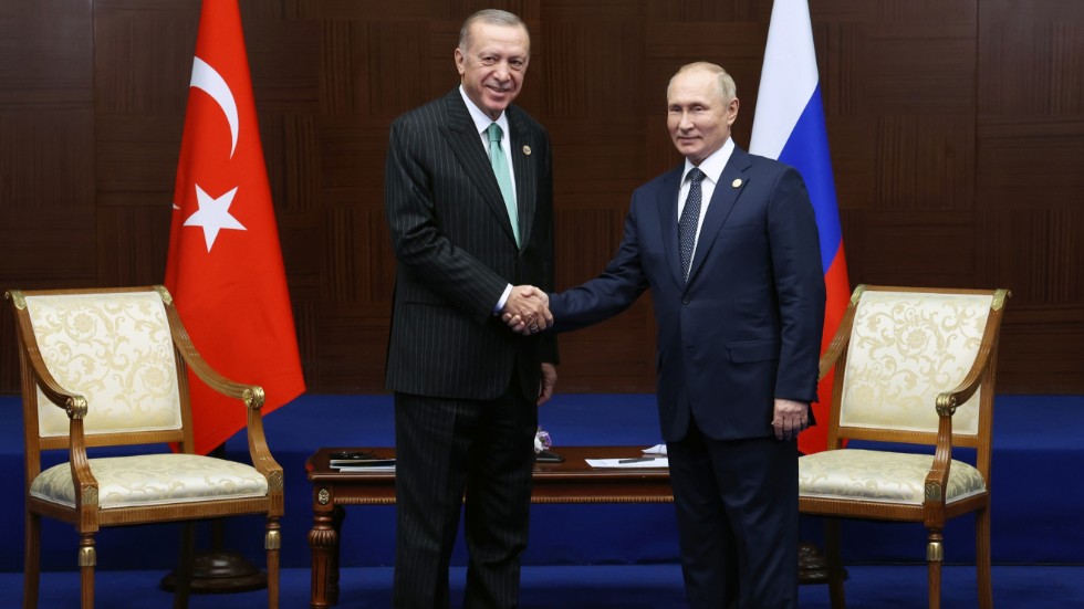 Turkiets Recep Tayyip Erdogan och Rysslands Vladimir Putin under ett möte i oktober i fjol. Arkivbild.