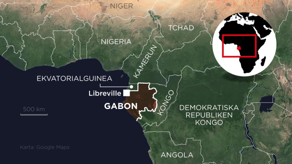 Kartan visar Gabon och huvudstaden Libreville.