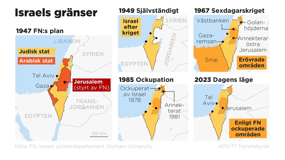Israels gränser vid olika tidpunkter sedan 1947.