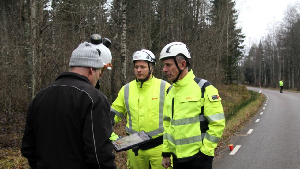 Eons projektledare Emil Landqvist och regionchef Björn Persson besökte Horn under måndagen för att se ett av de första träden i kraftledningsprojektet fällas.