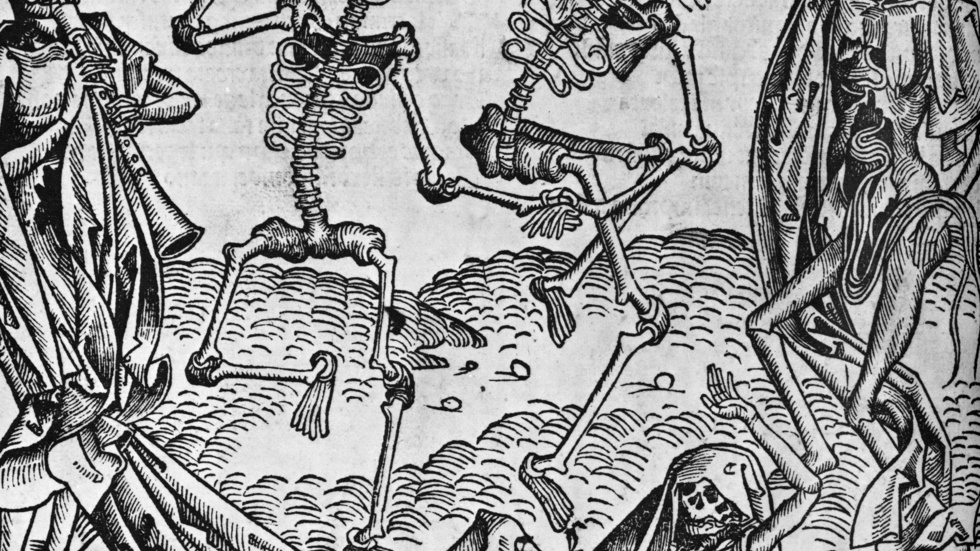 Digerdöden illustrerad i "The Dance of Death" av Hans Holbein (1491). Arkivbild.