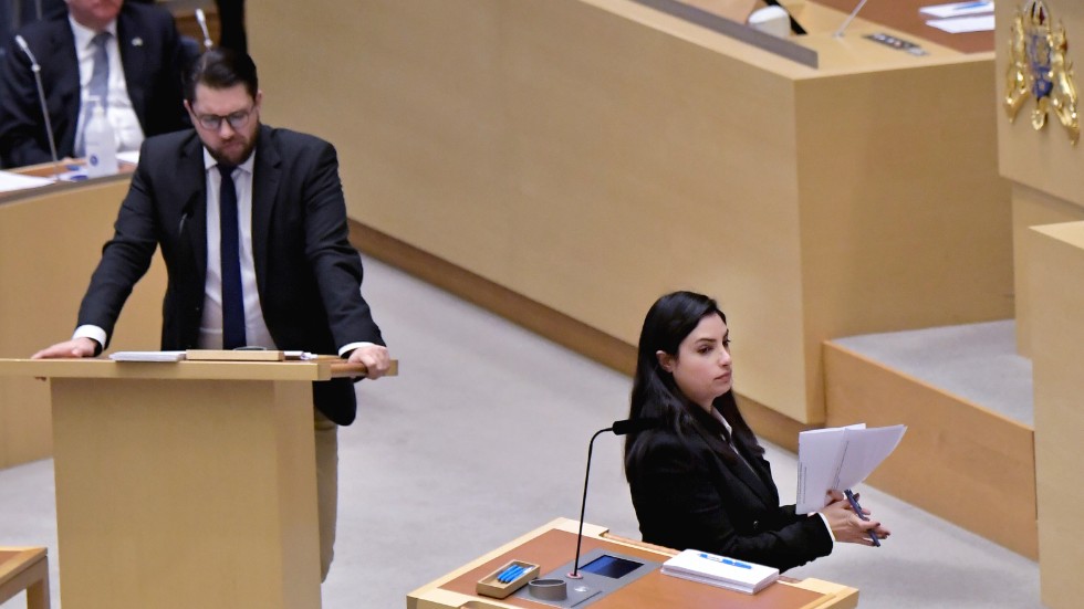 De båda "stormpartiernas" ledare Jimmie Åkesson och Nooshi Dadgostar strålade inte direkt mot varandra när de möttes vid talarstolarna i riksdagens partiledardebatt på onsdagen. 