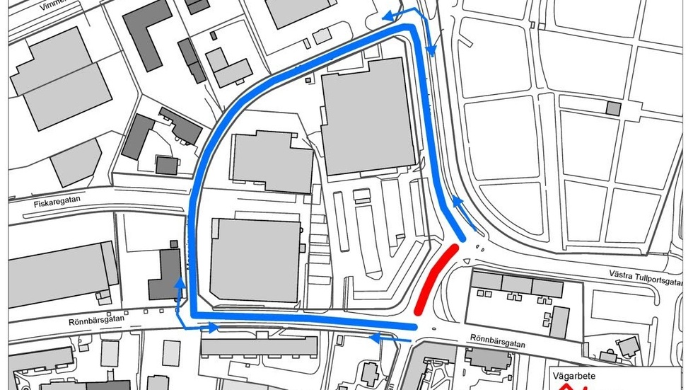 Gatan som är avstängd har röd markering på kartan. Den blå linjen visar hur bilisterna kan köra istället.