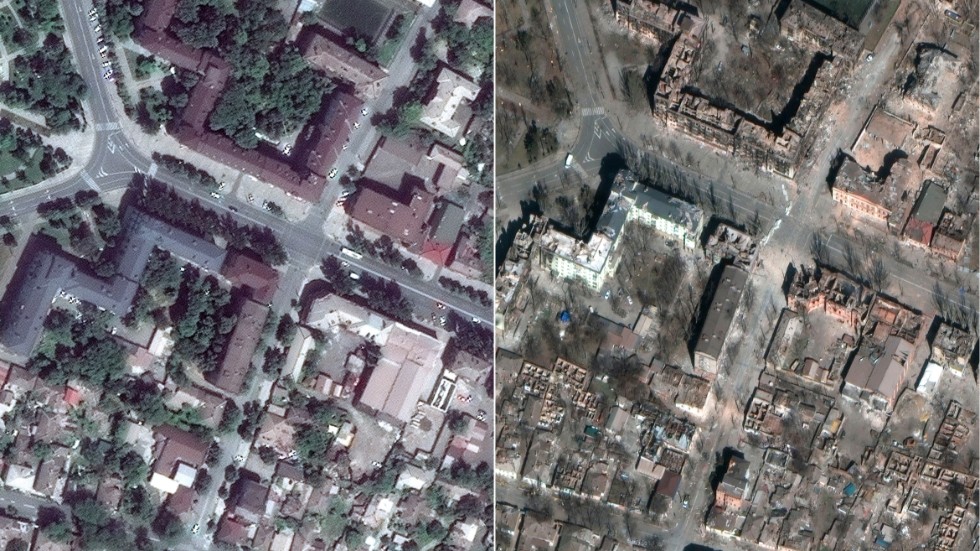 Satellitbilder visar hur ett bostadsområde i Mariupol såg ut före kriget och hur det förstörts i striderna. Den högra bilden togs den 30 mars.