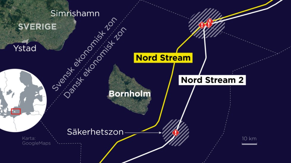 Kartan visar de fyra läckorna på gasledningarna Nord Stream och Nord Stream 2.