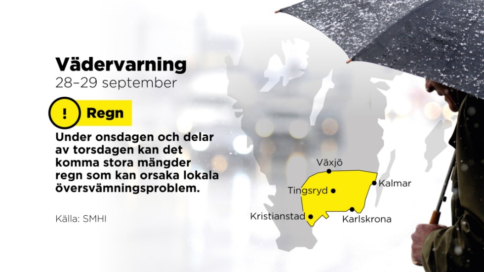 Varning för stora mängder regn i sydöstra Sverige under onsdagen och torsdagen.