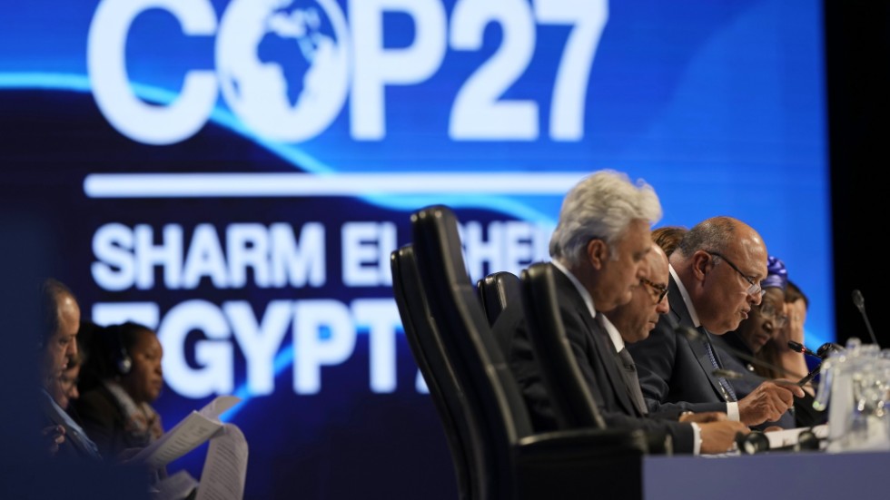 Sameh Shoukry, ordförande för COP27, vid slutplenum.