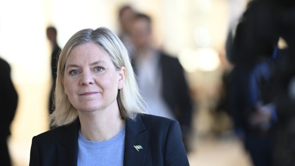 Socialdemokraternas partiledare Magdalena Andersson (S) efter presskonferensen där hon kommenterade regeringens elprisstöd.